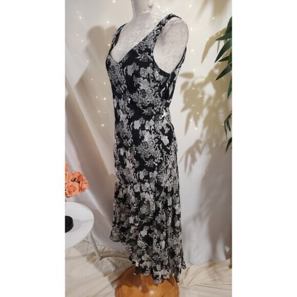 Vtg Alex Evenings Floral Rose Silk Blend Sheer Ruffle Beaded Sequin Dress 12P - Picture 2 of 15